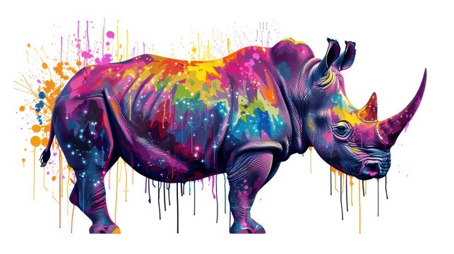  a painting of a rhino with colorful paint splatters on it's body and a black rhino's head in the center of the rhino's body.