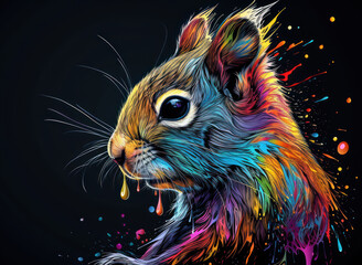  a picture of a colorful squirrel on a black background with paint splattered all over it's body and the animal's face is looking at the viewer.