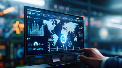 Businessman working on laptop, digital technology in finance and communication, modern office background