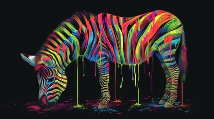  a painting of a zebra drinking from a puddle of paint that is dripping down the side of the zebra's body and it's head is covered in multicolors.