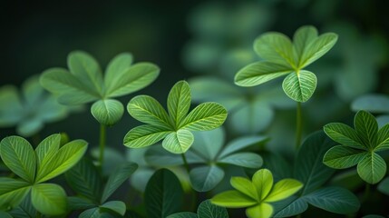  a group of four leafed plants with green leaves in the foreground and a blurry background of green leaves in the foreground, with a black background.