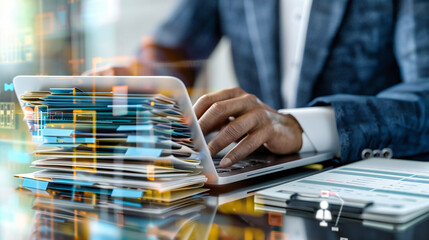 Businessman using technology in finance, where digital networks and professional settings merge in a modern office environment