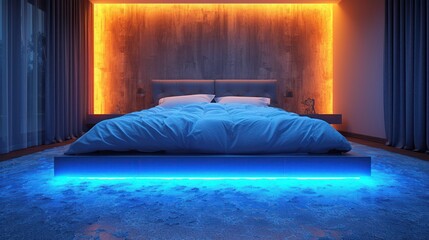  a bed with a lit up headboard in a room with a blue light on the side of the bed and a white bed with a white comforter and blue comforter.