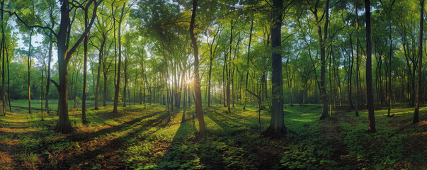 A Tranquil Morning as Golden Sun Rays Illuminate the Verdant Depths of a Forest Sanctuary