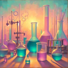 gradation, light purple, teal, beaker, science room, 3d, ai
