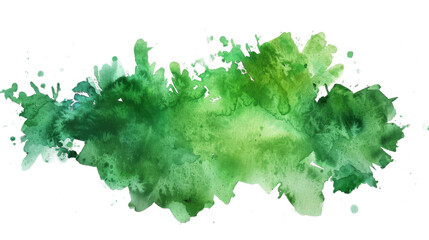 Lush green watercolor strokes and splatters creating a vibrant abstract image on a clean white background - obrazy, fototapety, plakaty