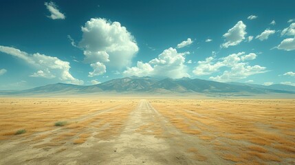  a dirt road in the middle of a desert with a mountain in the distance and a blue sky with puffy white clouds in the middle of the top of the picture.