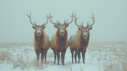  three elk standing next to each other on top of a snow covered field in the middle of a field with tall grass and snow covered ground in the foreground.