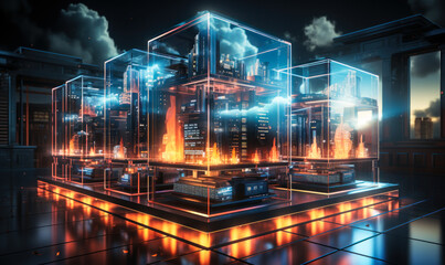 Futuristic neon cloud computing concept with glowing, cybernetic server racks within a cloud icon, representing data storage, network infrastructure, and digital technology advancements - obrazy, fototapety, plakaty