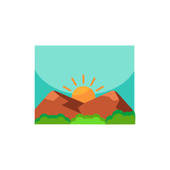 
Mountain landscape icon logo with sun. Rectangular abstract icon of sunset or sunrise. Simple vector emblem, isolated on white background.