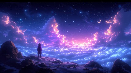  a man standing on top of a snow covered mountain under a purple sky filled with stars and a star filled sky with clouds and a person standing on top of a hill.