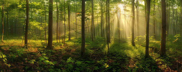 A Tranquil Morning as Golden Sun Rays Illuminate the Verdant Depths of a Forest Sanctuary