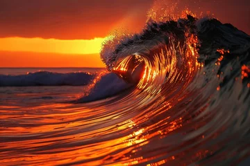 Fotobehang Blue Ocean Wave Crashing at Sunset © viktorbond
