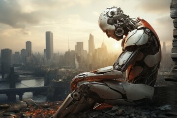 a sad cyborg sits with his head propped up on his hand, thinking against the backdrop of city ruins