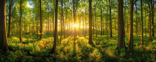 Fototapeta na wymiar A Tranquil Morning as Golden Sun Rays Illuminate the Verdant Depths of a Forest Sanctuary