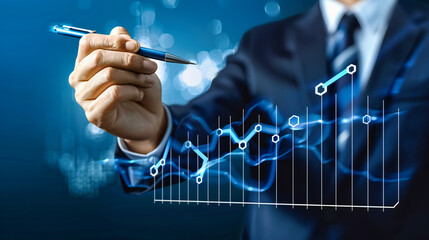Businessman Analyzing Growth Charts, Concept of Financial Success and Strategic Planning, Virtual Graph Interface