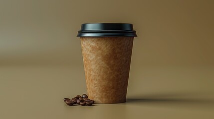  a coffee cup sitting next to a pile of coffee beans on top of a brown table next to a coffee cup with a black lid and a few more coffee beans on the side.