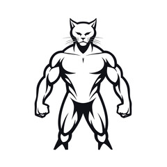 cat bodybuilders full body black and white vector illustration isolated transparent background, logo, cut out or cutout t-shirt print design, poster, products or packaging design.
