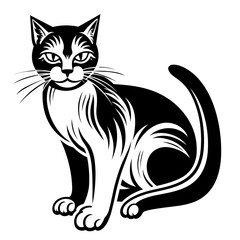 cat sitting silhouette black and white vector illustration isolated transparent background, logo, cut out or cutout t-shirt print design, poster, products or packaging design.
