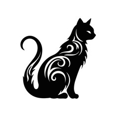 cat sitting silhouette black and white vector illustration isolated transparent background, logo, cut out or cutout t-shirt print design, poster, products or packaging design.