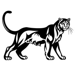panter, cougar wild cat black and white vector illustration isolated transparent background, logo, cut out or cutout t-shirt print design, poster, products or packaging design.