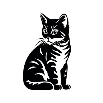 American Shorthair cat sitting silhouette black and white vector illustration isolated transparent background, logo, cut out or cutout t-shirt print design,  poster, baby products, packaging design