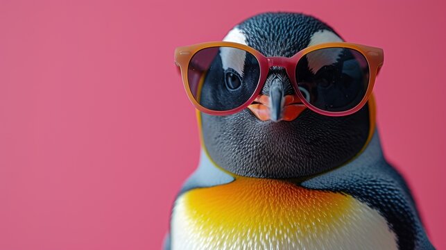  a close up of a penguin with a pair of sunglasses on it's head and wearing a pair of sunglasses on it's head, against a pink background.