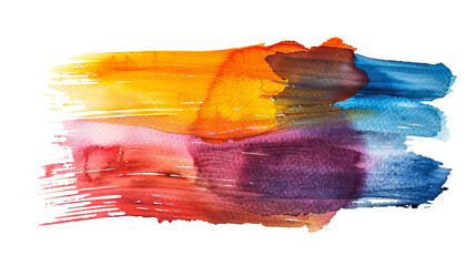 A bold mix of orange, blue, and purple watercolor brush strokes overlapping on a white background