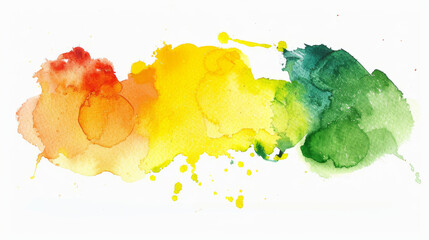 A delicate gradient of red, yellow, and green watercolor splatters scattered with droplets on a white background
