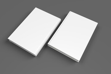 Realistic 3D book mockup illustration with 2 hard covers. Book model standing on shaded isolated grey background. 2 hardcover books. Ready for you to present your design.
