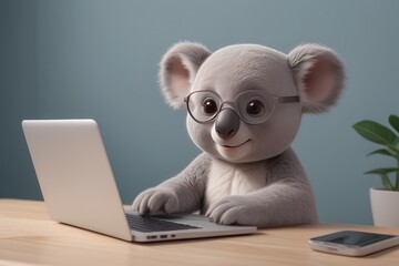 3D cartoon illustration showcases cute koala with a laptop,engaging in digital adventures.Educational websites or apps targeting children, promoting digital literacy and online learning.