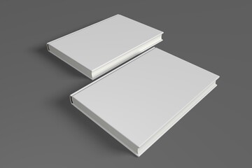 Realistic 3D book mockup illustration with 2 hard covers. Book model standing on shaded isolated grey background. 2 hardcover books. Ready for you to present your design.