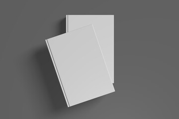Realistic 3D book mockup illustration with 2 hard covers. Book model standing on shaded isolated grey background. 2 hardcover books. Ready for you to present your design.