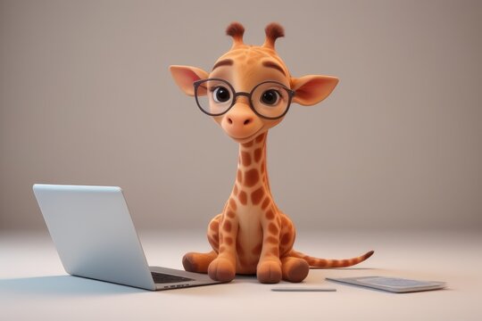 3D cartoon illustration showcases cute ziraffe with a laptop,engaging in digital adventures.Educational websites or apps targeting children, promoting digital literacy and online learning.