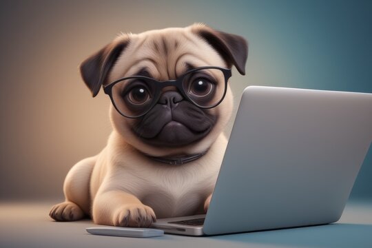 3D illustration cute pug puppy with laptop.Feature the illustration in children's magazines with a focus on technology, education, or creativity.Technology-themed Puzzles or Games.