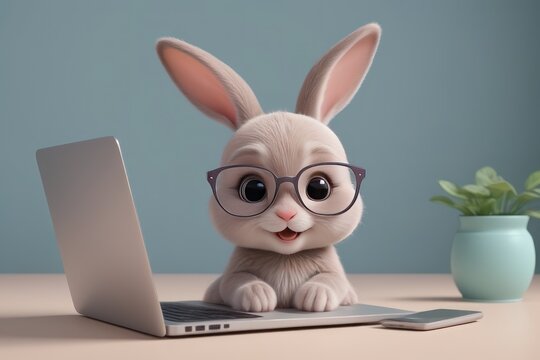 3D cartoon illustration cute bunny with laptop.Visual appeal of technology-related blogs or websites.Concept promote workshops or classes teaching children about technology,coding or digital skills.