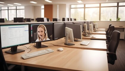 office-with-multiple-monitors-at-customer-service-desk--call-center-helpline-support-to-give-telecommunication-assistance--empty-helpdesk-with-client-telephony-reception-with-blur-and-bokeh