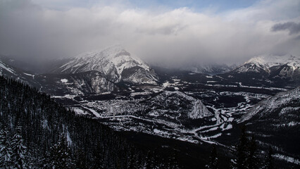 Banff, Canada - Dec. 21 2021: Panorama view from  the Sulfur Mountain Trail in Banff Alberta