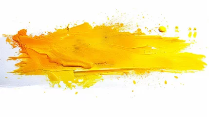 Fotobehang A splash of vivid yellow paint with an expressive smear across a stark white background © Daniel