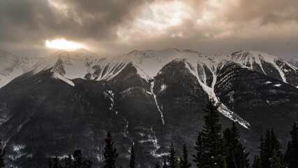 Banff, Canada - Dec. 21 2021: Panorama view from  the Sulfur Mountain Trail in Banff Alberta