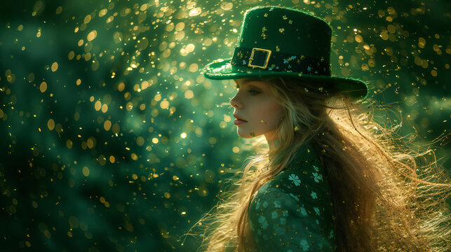 A magical St. Patrick’s Day scene with glowing green lights and a person wearing a leprechaun hat. This image is perfect for: st patrick’s day, magic, celebration, enchantment, festive atmosphere.