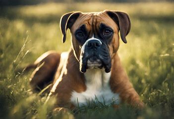 Cachorro da raça Boxer sentado na grama - obrazy, fototapety, plakaty
