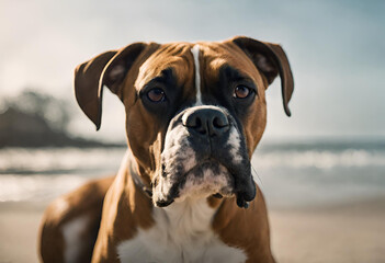 Cachorro da raça Boxer sentado na praia - obrazy, fototapety, plakaty