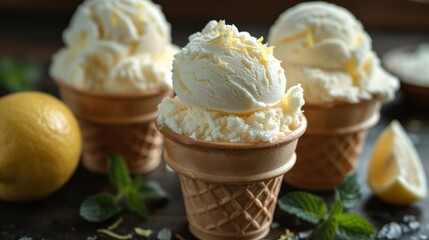  a group of ice cream cones sitting on top of a table next to a lemon and mint garnished with a slice of lime on top of the ice cream.