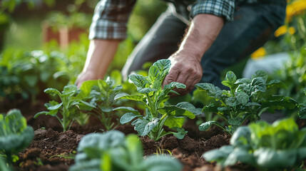 person working in the farm, close up of man hands planting in the farm