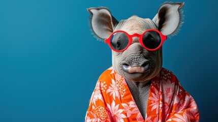  a hairless dog wearing red sunglasses and a kimono with an orange flower print on it's chest and a blue background with a blue sky in the background. - obrazy, fototapety, plakaty