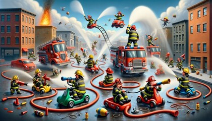 The Whimsical Brigade: Firefighters' Playful Battle Against Flames.