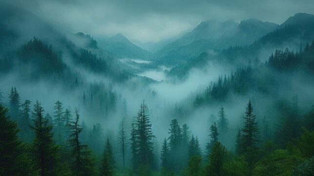  a foggy forest filled with lots of trees and a forest filled with lots of tall, green trees and lots of tall, green, leafy, evergreen trees.