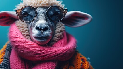  a sheep wearing a scarf and glasses with a sweater on it's head and a scarf around it's neck and wearing a pair of glasses on its head. - obrazy, fototapety, plakaty