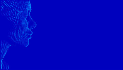 Abstract stipple style face illustration on blue background.